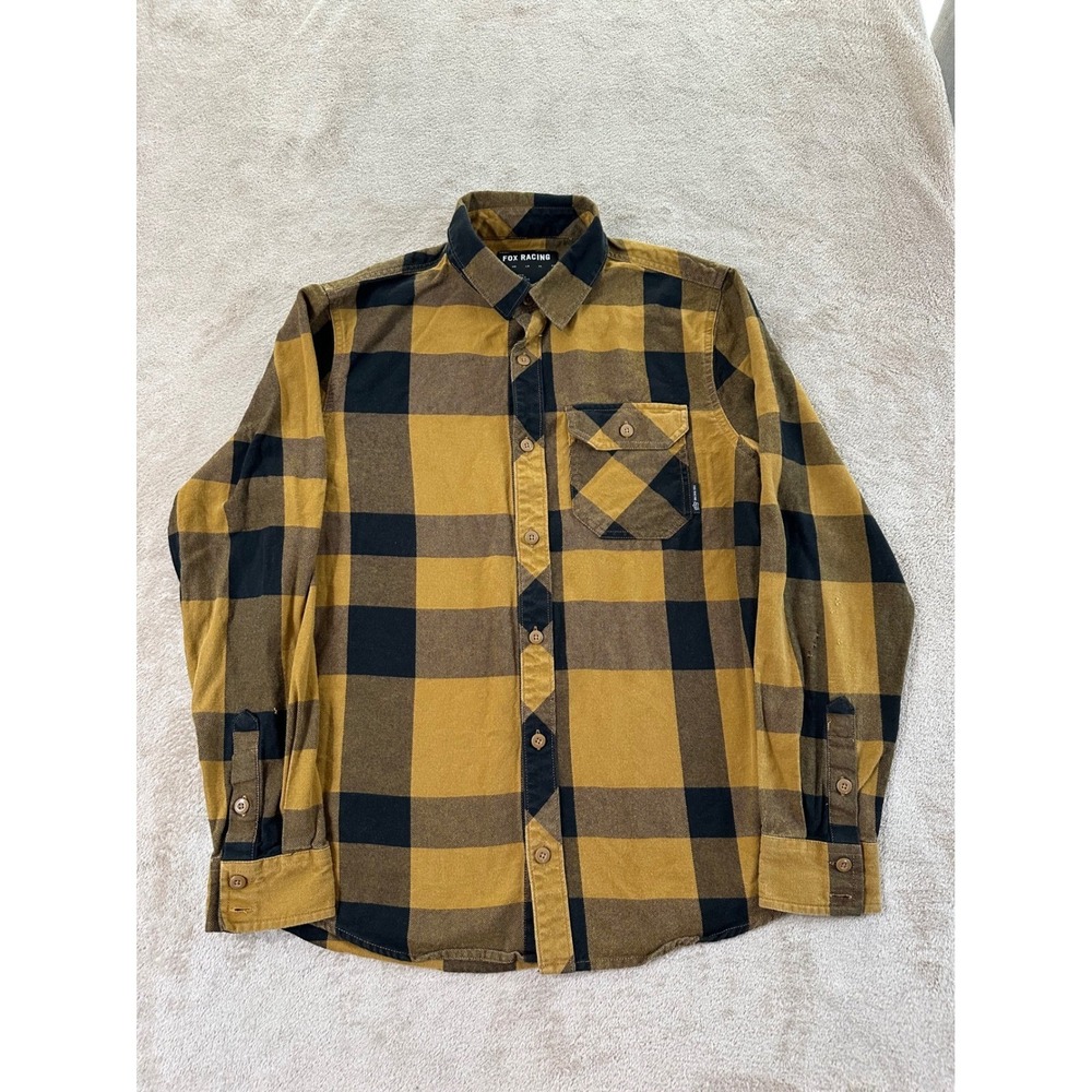 Fox Racing Mens‎ Flannel Shirt Size S Yellow Black Plaid Long Sleeve
